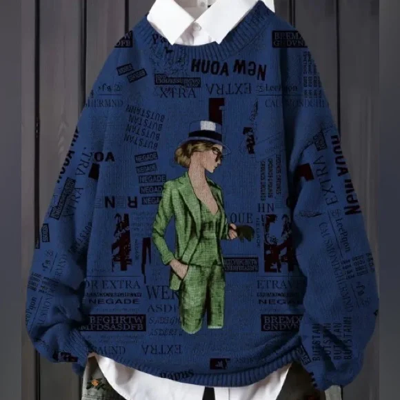 Blue Graphic Print Women's Sweater - Picture 2 of 4